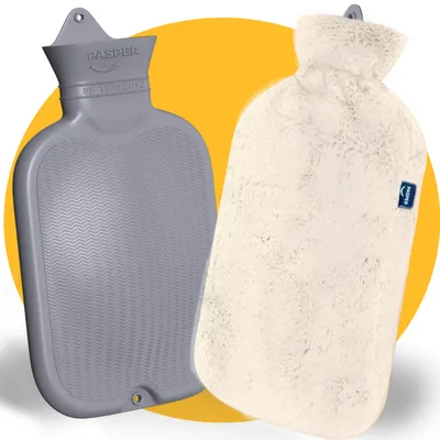 Two hot water bottles are shown against a yellow and white background.