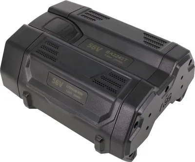 A black battery pack for a lawnmower or garden tool.