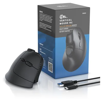 Zdjęcie produktu dla Ergonomiczna mysz CSL, bezprzewodowa mysz pionowa, bezprzewodowe radio 2,4 GHz, ergonomiczna konstrukcja, ochrona przed łokciem tenisisty, multimedialne sterowanie obrotowe