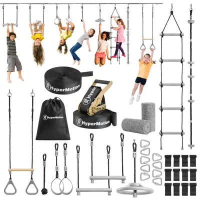 Obrázok produktu pre Ninja slackline pre deti – prekážková dráha – vonkajší lezecký set – 9 prekážok – extra dlhá – pre zábavu a kondíciu v záhrade – od 3 rokov