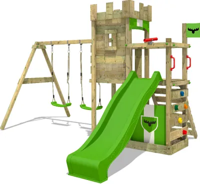 A wooden playground set with a slide, swings, and climbing wall, set against a white background.