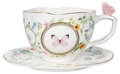 Produktbild von Dancing Butterflies Tasse mit Untertasse Porzellan floral Goldrand
