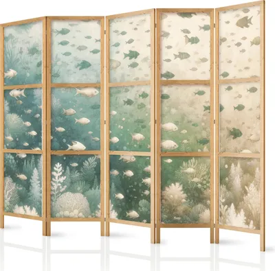 Produktbild von 5-teiliger Einseitiger Vlies Japanischer Paravent - Fish and Diverse Vegetation - Grouping of Fish in Pastel Subdued Colors Among Oceanic Vegetation 225x172 cm Tiere g-H-10114-bh-b