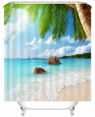 Produktbild von Duschvorhang, Spa und Palmen Strand Ferien Klarer Sonniger Tag Klares Wasser Foto Druck, Blickdicht aus Stoff inkl. 12 Ringen Umweltfreundlich Waschbar, 180 X 180 cm