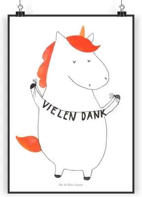 Produktbild von Mr. & Mrs. Panda Bild Einhorn Dankeschön DIN A3 - Weiß - Geschenk, Unicorn, Vielen Dank, Danke, Wandbild, Danksagung, Kunstdruck, wanddeko, Einhörner, Wanddekoration