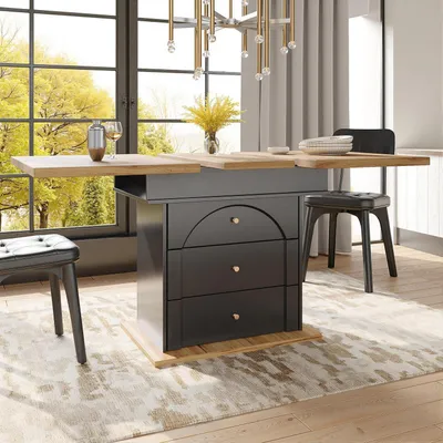 Immagine prodotto di Tavolo allungabile con ante e cassetti, per 4-6 persone, dimensioni 110-140x80x75 cm, finitura legno e nero