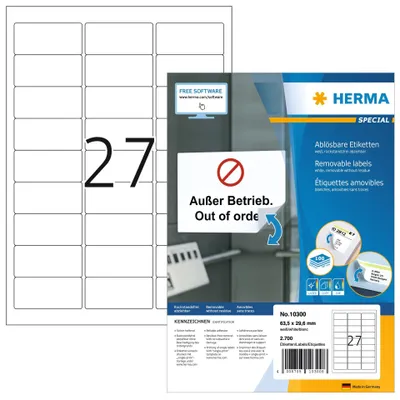 Produktbild von HERMA 10300 Universal Etiketten ablösbar, 100 Blatt, 63,5 x 29,6 mm, 27 pro A4 Bogen, 2700 Stück, selbstklebend, bedruckbar, matt, blanko Papier Klebeetiketten Aufkleber, weiß – 100 Blatt / 2700 Etike