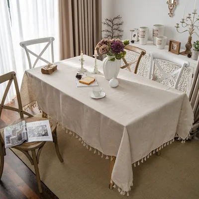 Produktbild von Tischdecke Leinenoptik Beige Bohemien Tischdecken mit Quasten Rechteckig Küchentisch Abdeckung, 140x300cm