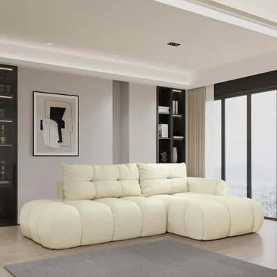 Produktbild von Masseno Ecksofa FLUMA R-S mit Schlaffunktion L-Form, Sofa mit Bettkasten, Wohnzimmersofa, Couch, Soffa, Bettsofa, Couchgarnitur- Creme, QUELLE 02