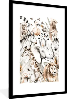 Produktbild von MuchoWow® MuchoWow® Gerahmtes Poster Aquarelle - Tiere - Dschungel - Pastell - Jungen - Mädchen - Kinder 60x90 cm - Poster mit zchwarzem Bilderrahmen - Dekoration - Wandposter Wohnzimmer - Hochwertig