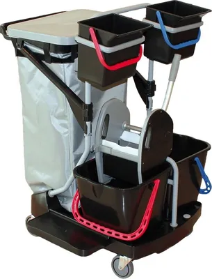 Produktbild von CleanSV® Reinigungswagen Revo1  black, New Line Moppresse, Müllsackhalter 120 Liter, 2 Eimer 15 liter und 2 Eimer 6 Liter, 4 Gummiräder