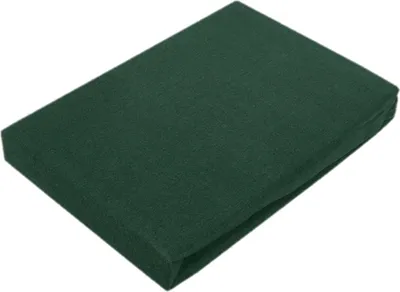 A folded dark green fitted sheet is shown on a white background.