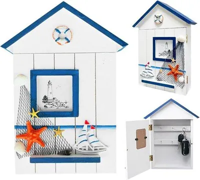 Produktbild von Ibenzoa® Retro Schlüsselhalter aus Massivholz – Wandorganizer mit 6 Haken, Vintage-Look, weiß/blau für platzsparende Schlüsselaufbewahrung