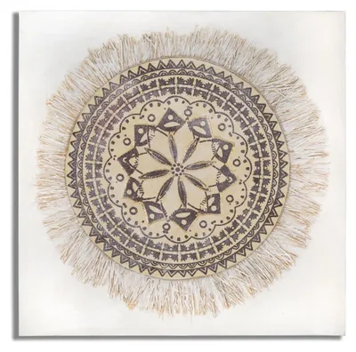 Imagen del producto de Pintura sobre lienzo Malindi con mandala étnico y flecos de rafia 100x100 cm