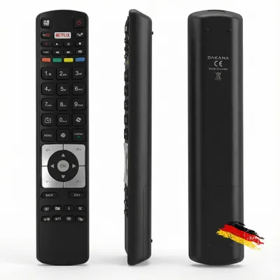 Three views of a black remote control for a TV or receiver, presented on a white background.