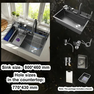 Produktbild von Moderne Küchenspüle - 8046CM-M3 80x46 cm - Wasserfall Spülbecken mit Digitalanzeige - Einzelbecken Aufsatzspüle - Edelstahl 304 gebürstet - Ohne Armatur - Rechtsausführung