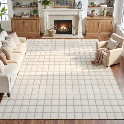 Produktbild von Tribesigns Modernes Kariert Kurzflor Teppich 200x300 cm, Waschbar rutschfest, weich, Wohnzimmer, Esszimmer & große Wohnbereiche, , Creme