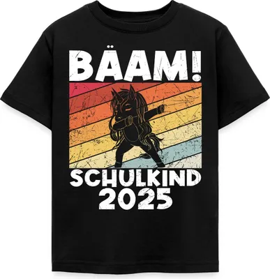 Produktbild von Spreadshirt Bääm! Schulkind 2025 Einschulung Einhorn Kinder T-Shirt, 110/116 (5-6 Jahre), Schwarz