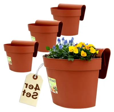 Produktbild von 4er Set Geländertopf Balkon mit Wasserspeicher Blumentopf Zaun Blumenkasten Geländer Geländerkasten Balkontopf Balkonkasten