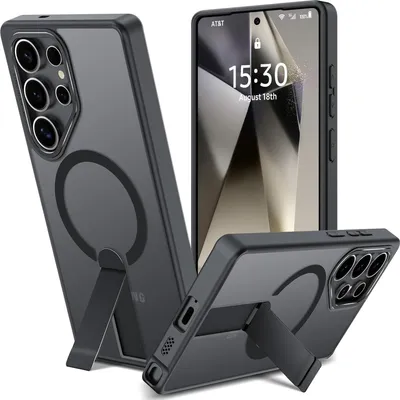 Three views of a black smartphone case with a kickstand and magnetic ring, displayed on a white background.