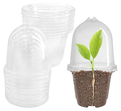 Produktbild von 12 Stück transparente Kunststoff-Pflanzentöpfe mit 12 Kuppeldeckeln, 9 cm