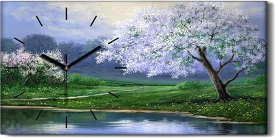 Produktbild von Küchenuhr Bürouhr Leinwand Uhr 60x30 Gemälde See Bäume Blumen Landschaft Natur - schwarze Hände