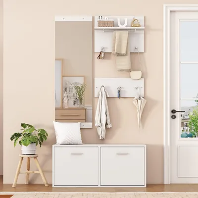 A hallway furniture set including a mirror, coat rack, and shoe cabinet.