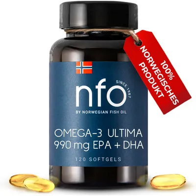 Produktbild von NFO Omega-3 Ultima – Fischöl mit EPA und DHA für Herz- und Gehirngesundheit [120 Softgel-Kapseln]