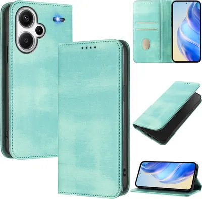 Produktbild von Handyhülle für Xiaomi Redmi Note 13 Pro+, Vintage Leder RFID Schutz Kartenfach Standfunktion Magnetische Klapphülle Türkis