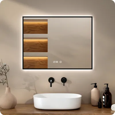 Produktbild von Mirlux Badezimmerspiegel mit LED-Beleuchtung – Runder Wandspiegel – Antibeschlag-Duschspiegel – Schwarzer Rahmen – 80 x 60 cm