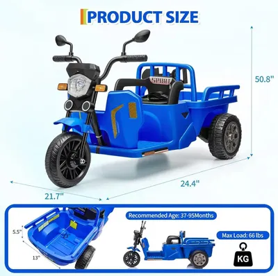 Produktbild von Elektro Kindermotorrad - 3-rädriges 12V Kinderfahrzeug - Anhänger & Schaufel - 2,4G Fernbedienung - Doppelmotor - Einstellbare Geschwindigkeit - Blau