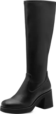 A black knee-high boot with a platform sole and block heel, shown against a white background.