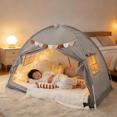 Imagen del producto de Tienda infantil para interiores, tienda para habitación infantil con banderines de colores, tipi para niños, tienda de juegos para interiores, casa de juegos plegable para jardín y campamentos (gris-[194x98x120cm])