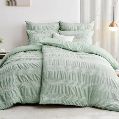 Produktbild von Bettwäsche Seersucker 155x220 cm Grün Weiß Gestreift 4-teilig Mikrofaser