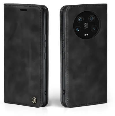 A black flip case for a smartphone, shown from the front and back.