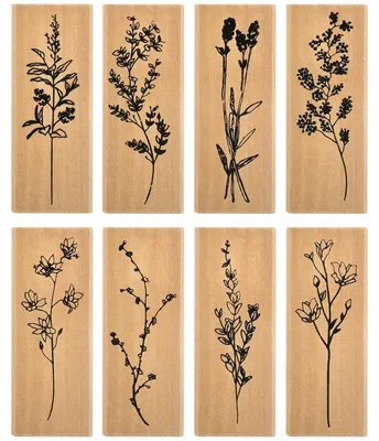 Holzstempel-Set, 8 Stück, Vintage-Pflanzenmotive, Holz & Gummi