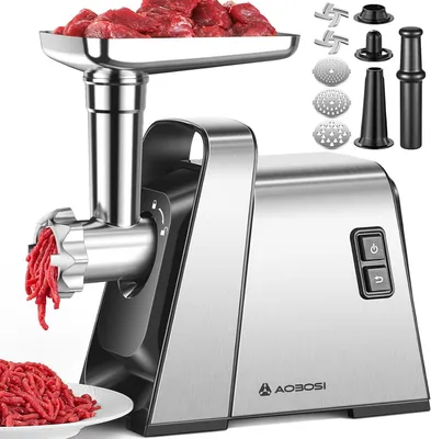 Produktbild von AOBOSI Fleischwolf 3000W, 3 in 1 Fleischwolf Elektrischer mit 3 Edelstahl-Schleifplatten, Kubbe & Wurstfüllrohren