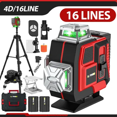 Obrázok produktu pre Laser s krížovými lúčmi – 4D, 16 lúčov – Automatická nivelácia do 3° – Horizontálne a vertikálne – Silný zelený lúč – S statívom a plastovým kufríkom
