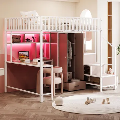 Produktbild von Metall-Hochbett 140 x 200 cm mit Schreibtisch, Kleiderschrank, Schubladen, Regalen, Stauraumleiter, Sicherheitsgeländer, LED-Beleuchtung und Steckdosen, Weiß