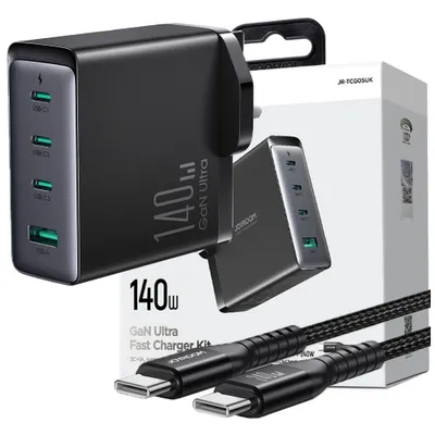 Produktbild von Joyroom JR-TCG05UK GaN-Schnellladegerät 140W 3x USB-C + USB-A mit USB-C/USB-C Kabel 240W 1,2m – UK