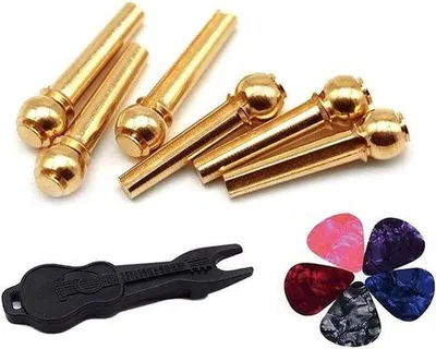 Produktbild von Gitarrenbrückenhalter - Endpin - Messing - Brückenhalter für Gitarren - 5 Gitarrenplektro - für 6-saitige Akustikgitarren - mit Transporthalter