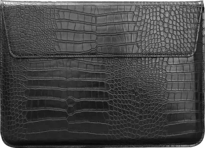 A black laptop sleeve with a crocodile-like texture.