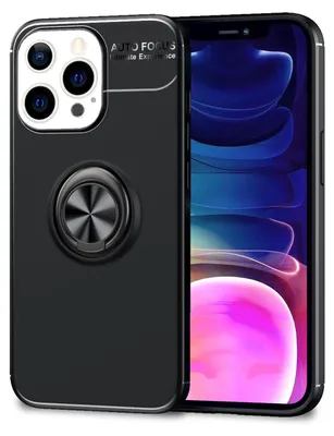 A black phone case with a ring stand is shown next to a smartphone.