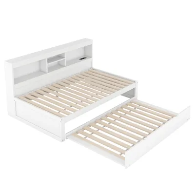 Produktbild von Flieks Schlafsofa Tagesbett 90x200cm mit Ausziehbett, Daybett Jugendbett mit LED & Ladefunktion, Funktionsbett Sofabett, Weiß