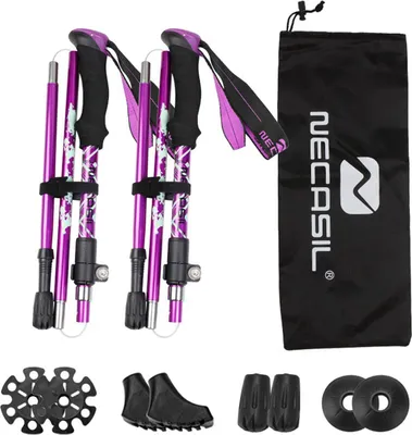Produktbild von Trekkingstöcke Nordic Walking Stöcke Faltbar Verstellbar 110-125cm Wanderstöcke mit 4 Paar Gummipuffers für Trekking Lila