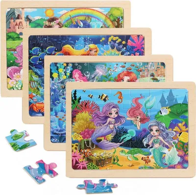 Immagine prodotto di Puzzle in legno per bambini "Sirena", set da 4, giocattolo educativo, 24 pezzi, dai 3 anni in su