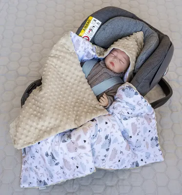 Produktbild von 90 x 90 cm Einschlagdecke für Kinder Autositz und Babyschale Babytrage Kuscheldecke Kinderwagendecke Babydecke PREMIUM Geschenk -HASE Beige Weiß/BEIGE