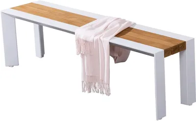 A white and wood bench with a pink scarf draped over it, isolated on a white background.