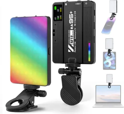 Obrázek produktu pro Kapesní RGB video světlo, fotografické, LED výplňové světlo, 2500 K šC 9000 K, stmívatelné, 22 scénických efektů, světlo pro videokonference pro počítač, tablet, telefon, DSLR kameru, vestavěná dobíjecí baterie s držákem na telefon