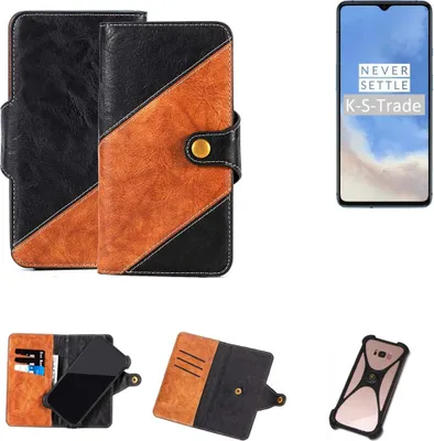 Produktbild von K-S-Trade Handyhülle Schutzhülle Bookstyle Case Wallet-Case kompatibel mit OnePlus 7T Handy Cover Bumper Klapphülle schwarz hellbraun 1x